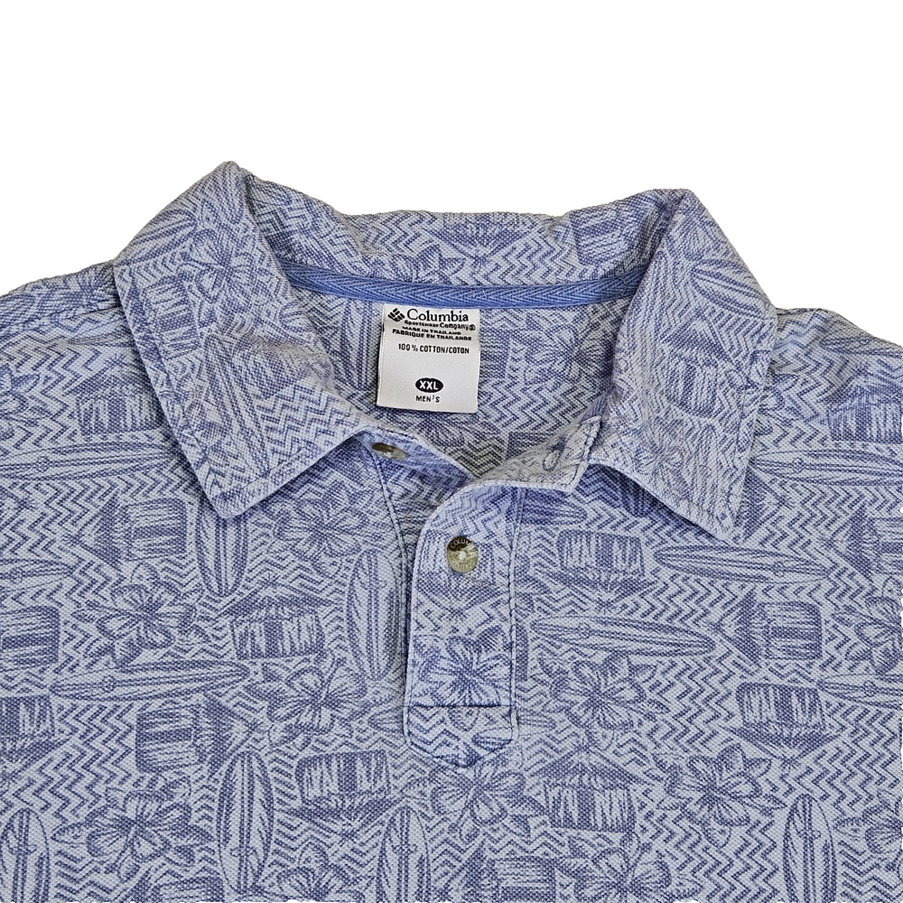 Columbia Cotton Hawaiian Polo Shirt Men XXL Blue Surfboard Floral Y2K Resortwear
